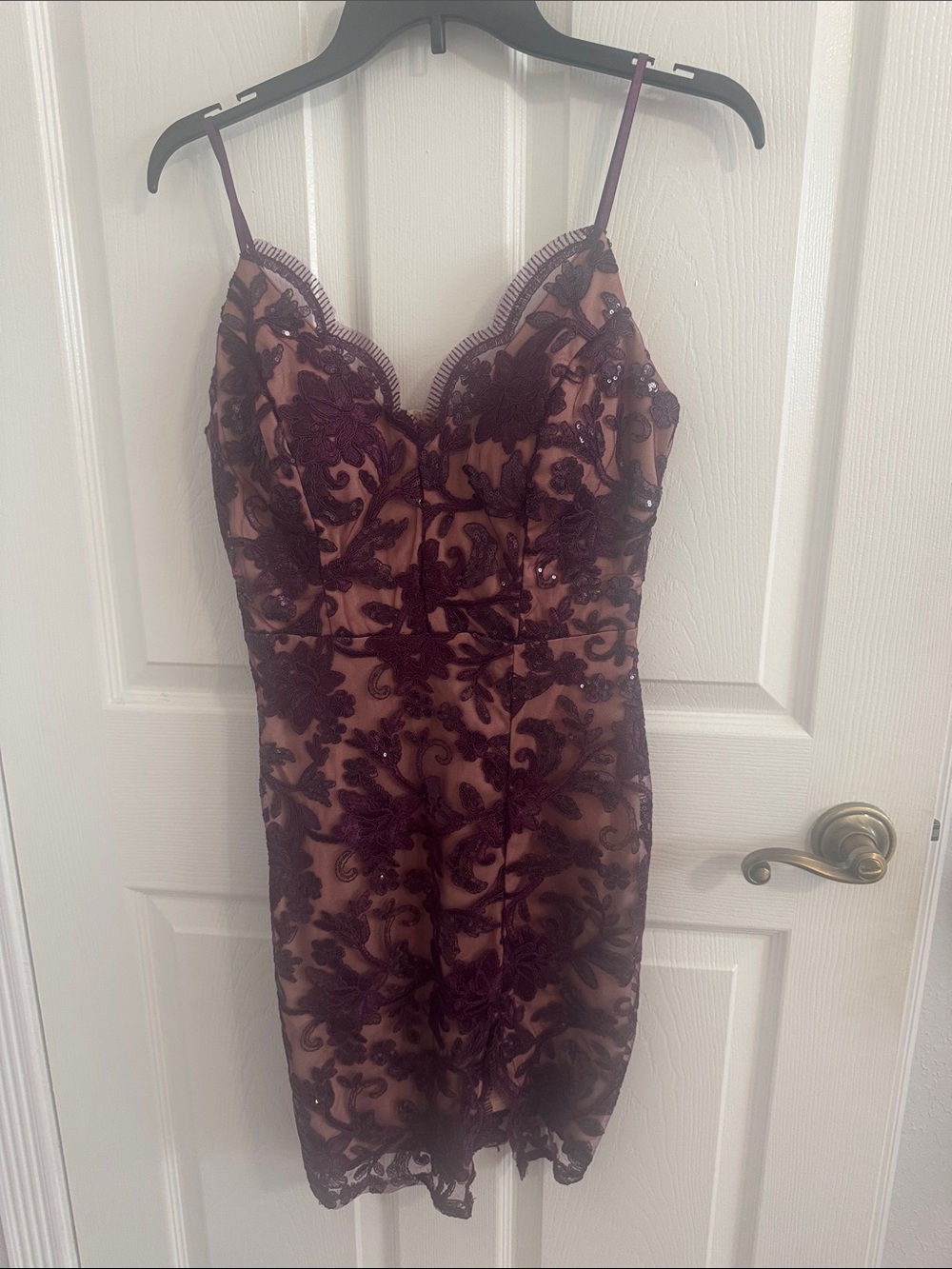 Love, Nickie Lew Fitted Lace Overlay Midi Dress in Deep Plum